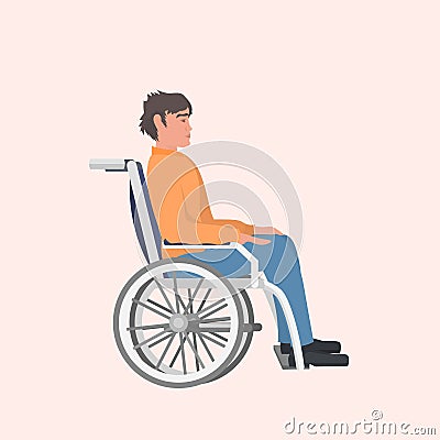 Disabled man sitting in wheelchair disability concept flat full length Vector Illustration