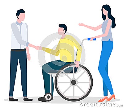 Man Sit on Wheelchair, Woman Help Disabled Person Vector Illustration