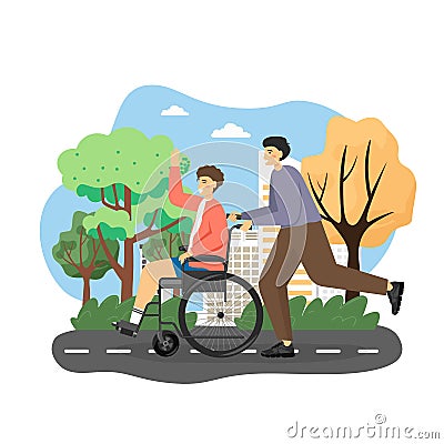 Disabled man using wheelchair enjoying walk in city park with his friend, flat vector illustration. Vector Illustration