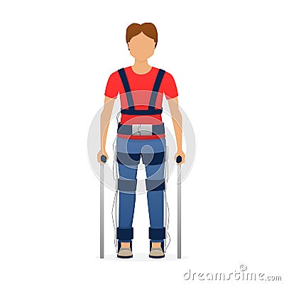 Disabled man wearing medical exoskeleton. Medicine of the future, bionics technology. Vector. Vector Illustration