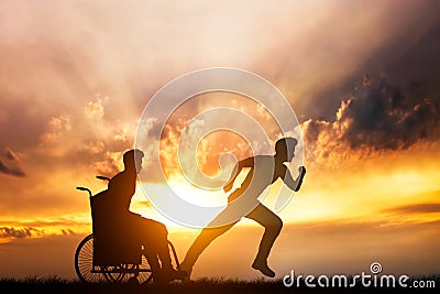 Disabled man in a wheelchair dreaming of running Stock Photo