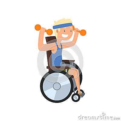 Disabled man in wheelchair exercising with dumbbells, medical rehabilitation, remedial gymnastics vector Illustration on Vector Illustration