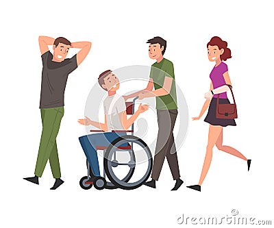 Disabled Man in Wheelchair Walking with Friends, Handicapped Man Receiving Support and Having Good Time, Person Enjoying Vector Illustration