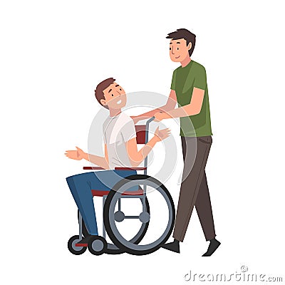 Disabled Man in Wheelchair Walking with His Friend, Handicapped Man Receiving Support and Having Good Time, Person Vector Illustration