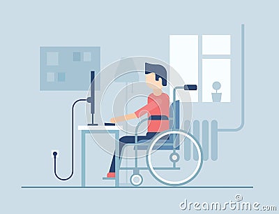 Disabled man working at home - flat design style illustration Vector Illustration