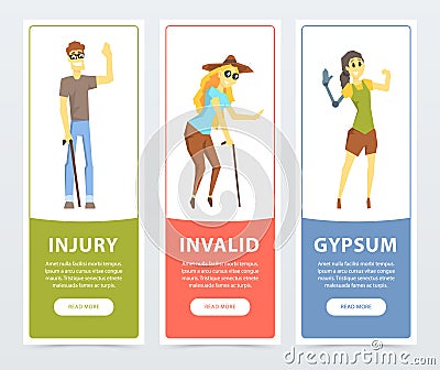 Disabled people banners set, blind woman, persons with prosthetic arms and legs, injury, invalid, gypsum flat vector Vector Illustration