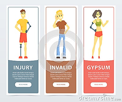 Disabled people banners set, deaf man, woman and man with artificial limbs, injury, invalid, gypsum flat vector Vector Illustration