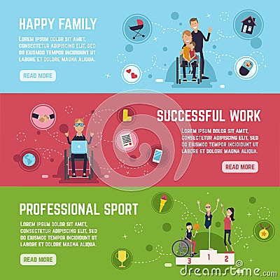 Disabled People Banners Set Vector Illustration