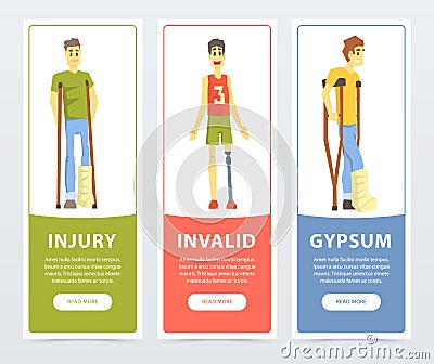 Disabled people banners set, injury, invalid, gypsum flat vector ilustrations, element for website or mobile app Vector Illustration
