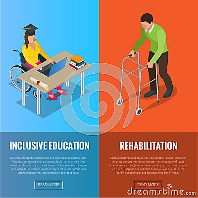 Disabled people banners with wheelchair and rehabilitation flat vector illustration Vector Illustration