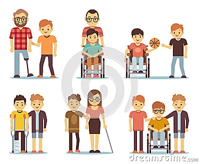 Disabled people and friends helping them vector set Vector Illustration