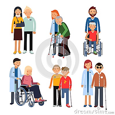 Disabled people group or hospital patients and helping man. Vector illustrations isolate on white background Vector Illustration