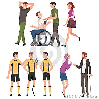 Disabled People Having Good Time with Their Friends Set, Handicapped Men Receiving Support and Enjoying Full Life Vector Vector Illustration