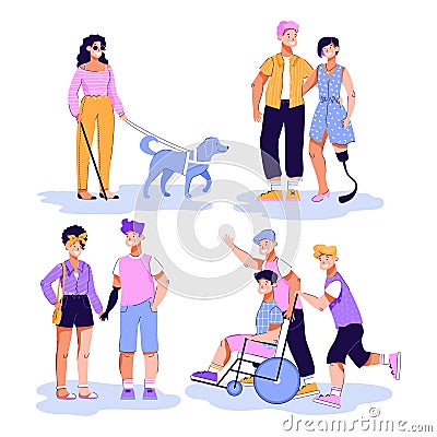 Disabled people having walk and romantic dates vector illustration isolated. Vector Illustration