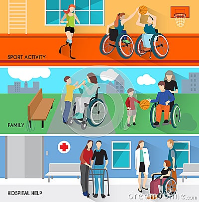 Disabled People Horizontal Banners Set Vector Illustration