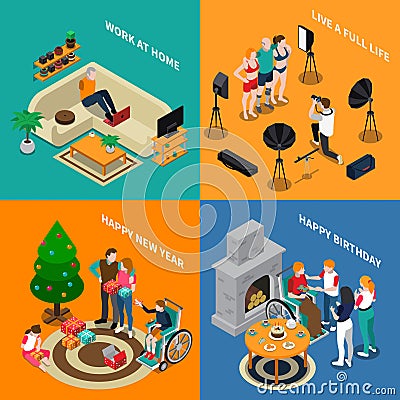 Disabled People Isometric Compositions Vector Illustration