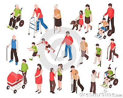 Disabled People Isometric Set Vector Illustration