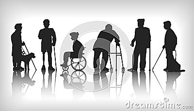 Disabled person silhouette. Blind people with walking canes and guide-dogs. Handicapped woman or man shadows set. Kid in Vector Illustration