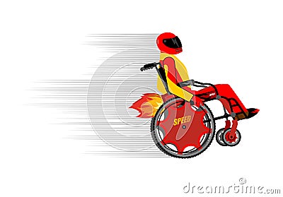Disabled person in wheelchair wit turbo engine. Speed riding to Vector Illustration