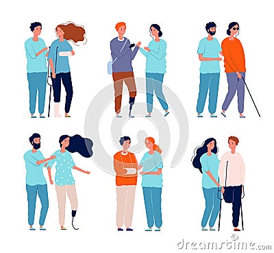 Disabled persons with assistants. People in wheelchair character male and female crutches vector pictures Vector Illustration