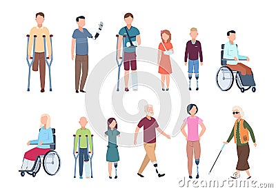 Disabled persons. Diverse injured people in wheelchair, elderly, adult and children patients. Handicapped characters set Vector Illustration