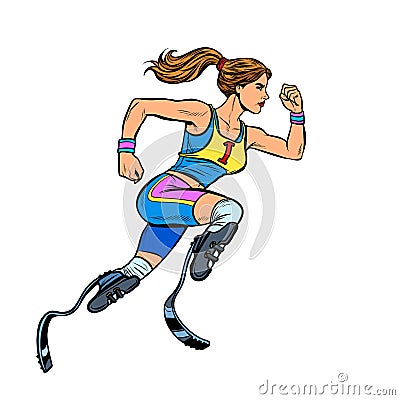 Disabled runner woman with leg prostheses running forward. sports competition Vector Illustration