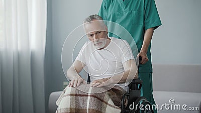 Disabled senior man sitting in wheelchair, male nurse supporting patient Stock Photo