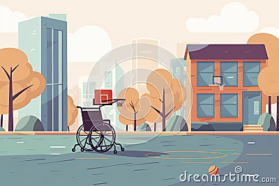 Disabled teenage boy in wheelchair playing basketball on outdoor court,vector illustration flat Cartoon Illustration