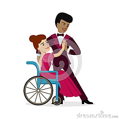 Disabled woman and african american man dancing ball dance. Vector Illustration