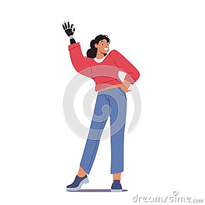 Disabled Woman Character Show Ok Gesture with Robotic Hand Prosthesis. Patient Rehabilitation after Accident, Amputation Vector Illustration