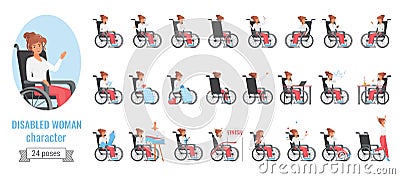 Disabled woman with disability health problem, poses set Vector Illustration