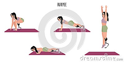 Disabled woman doing burpee workout Vector Illustration