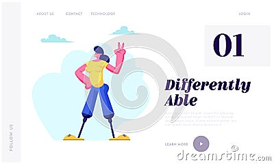 Disabled Woman with Legs Prosthesis Smiling and Showing Victory Gesture by Hand, Motivation, Handicapped Girl Enjoying Life Vector Illustration