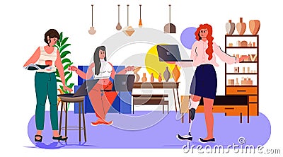 disabled woman with replaced robotic leg working on laptop people with disabilities concept modern office interior Vector Illustration