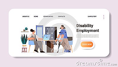 disabled woman with walking stick discussing with businesswoman disability employment people with disabilities concept Vector Illustration