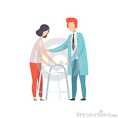 Disabled woman walking, using a walker, medical rehabilitation, physical therapy activity vector Illustration on a white Vector Illustration