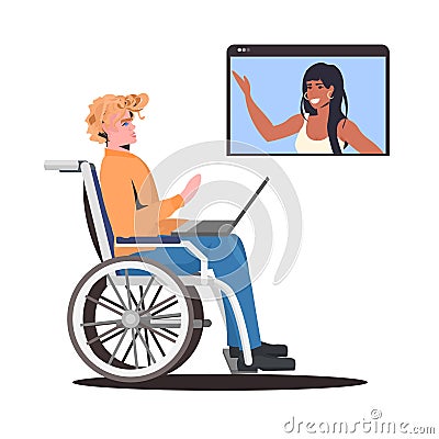 Disabled woman in wheelchair chatting with african american friend in web browser window during video call Vector Illustration