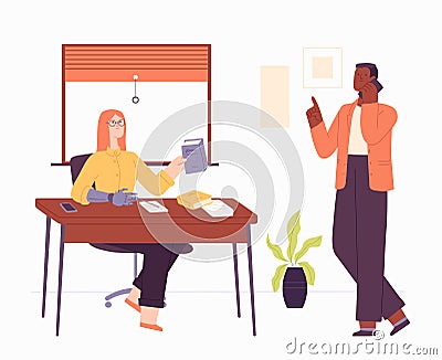 Disabled woman working at desk. Female character having hand prosthesis sitting at office. Man talking on phone Stock Photo