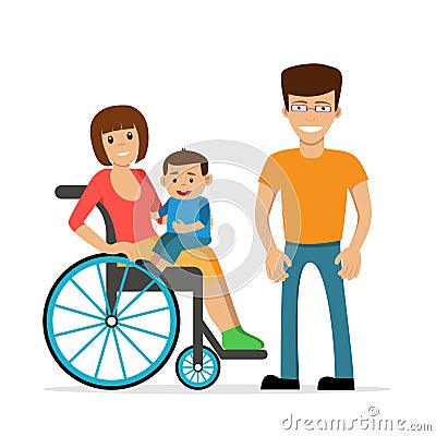 Disabled young woman in wheelchair with her son and husband. Vector Illustration