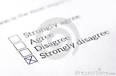 Disagree box checked in opinion poll, survey and questionnaire. Stock Photo