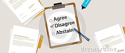 Disagree selecting an item in the survey. Items for voting agree, disagree, abstain on paper with check mark Vector Illustration