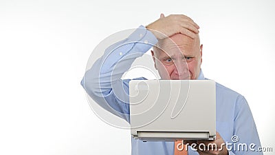 Disappointed Businessperson Use Laptop Read Bad Financial News Gesticulate Nervous Stock Photo