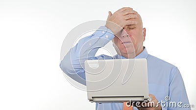 Disappointed Businessman Use Laptop Read Bad News and Gesticulate Upset Stock Photo