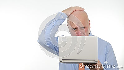 Disappointed Businessman Use Laptop Read Bad News and Gesticulate Upset Stock Photo