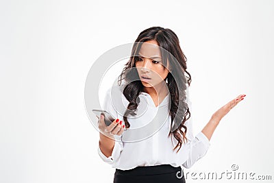 Disappointed confused asian businesswoman using smartphone Stock Photo