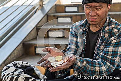 Disappointed face expression of a male homeless beggar Stock Photo