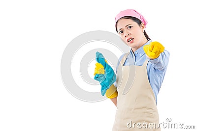 Disappointed housewife criticize your mistake Stock Photo