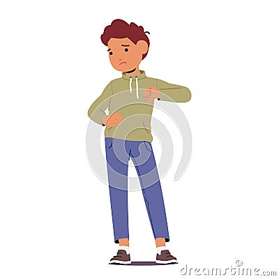 Disappointed Little Boy Character Expresses His Disapproval By Giving A Solemn Thumbs-down Gesture, Vector Illustration Vector Illustration