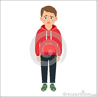 Disappointed little boy in red hoodie Vector Illustration