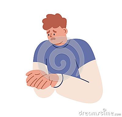 Disappointed sad man with upset unhappy face regretting. Desperate person is sorry for failure, making excuses Vector Illustration